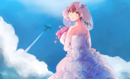 Kaga The Beautiful Bride - clouds, bride, anime, kaga, kantai collection, brown hair, wedding dress, flowers, plane, sky, gloves