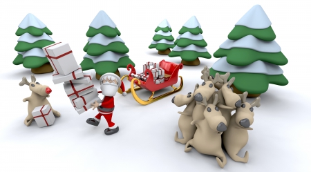 3D santa and reindeer - christmas, sledge, santa, snow, pine, gift, reindeer