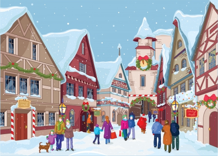 Small town at christmas time - christmas, people, town, snow, shopping