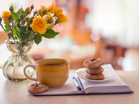 yellow roses for tea time - tea time, still life, yellow, roses