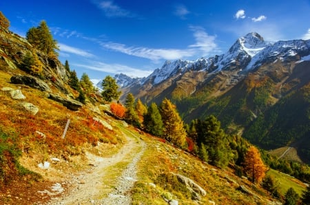 Autumn mountain slope - slope, sky, autumn, mountain, hills, lovely, rocks, nature, view, fall, beautiful