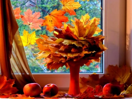 Autumn still life - pretty, window, room, leaves, apples, view, fruits, vase, house, beautiful, lovely, still life, bouquet, fall, colorful, autumn, foliage