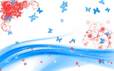 Three colored abstract - cyan, flowers, white, red, butterfly, floral