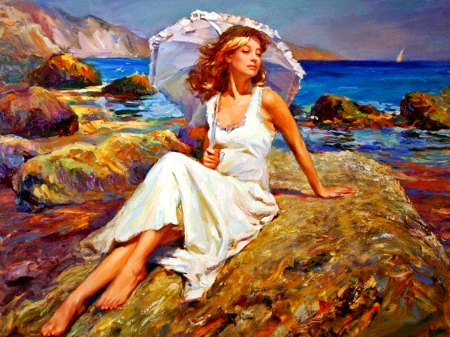 Summer at Seville - women, summer, vacation, sea, ocean, umbrella, redhead, spain, painting, art