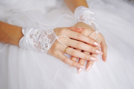 Bride's Hands - pearls, hands, manicure, wedding, white lace