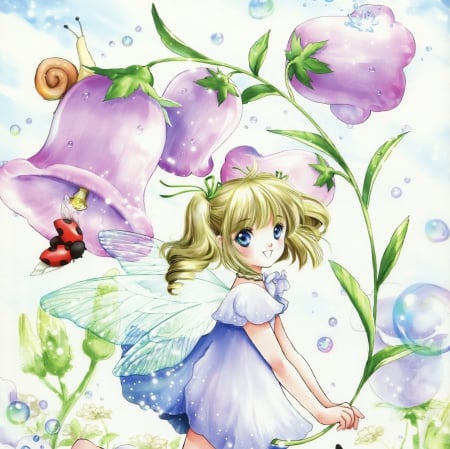 Fairy Chan - pretty, twin tail, female, wing, blossom, blond, nice, flower, bug, cg, blouse, wings, bubbles, cute, floral, anime, kawaii, twintail, dress, blonde, blond hair, long hair, hd, twin tails, anime girl, twintails, girl, sundress, blonde hair, lovely, sweet, snail, fairy, lady bug, adorable