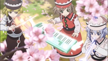 Blossom Orchestra - pretty, anime, female, blossom, group, music, melody, touhou, instruments, flute, nice, piano, anime girl, sakura, cherry blossom, beautiful, violin, girl, beauty, lovely, sakura blossom, sweet, bamnd, flower, petals, floral