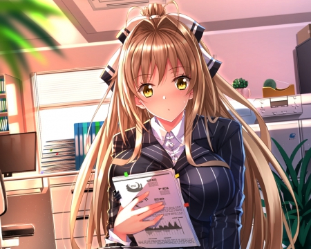 Sento Isuzu - pretty, anime, female, scenery, scene, office, long hair, uniform, isuzu, amagi brilliant park, hd, nice, anime girl, sento, beautiful, girl, table, beauty, lovely, brown hair, sweet, cg, sheet, amagi, desk, paper