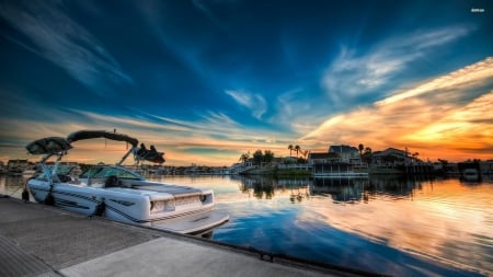 sunset over the lake - lake, house, sunset, boat