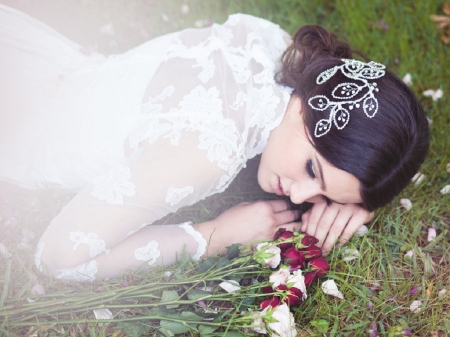 Happy Bride - women, bride, grass, roses