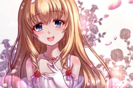 Latifah Fleuranza - pretty, blushing, female, blossom, happy, blond, nice, beauty, flower, petals, white, blouse, amagi, cute, floral, anime, kawaii, dress, blonde, blond hair, long hair, amagi brilliant park, smiling, anime girl, beautiful, girl, blush, sundress, blonde hair, lovely, sweet, smile, adorable