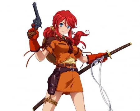 Gemimi Sunrise - pretty, anime, female, western, long hair, red hair, cowgirl, pistol, plain, katana, weapon, nice, anime girl, beautiful, hot, gun, girl, sword, simple, beauty, lovely, cap, sweet, blade, white, redhead, sexy