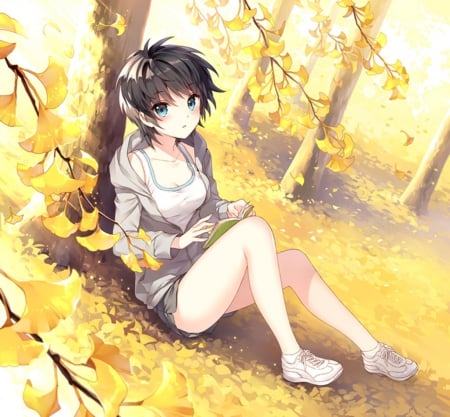 Gold Autumn - forest, book, beautiful, shirt, anime girl, sit, girl, scenery, jacket, leaf, tree, autumn, blouse, pretty, short hair, plant, beauty, sweet, brown hair, anime, sitting, nice, lovely, black hair, scene, female, leave