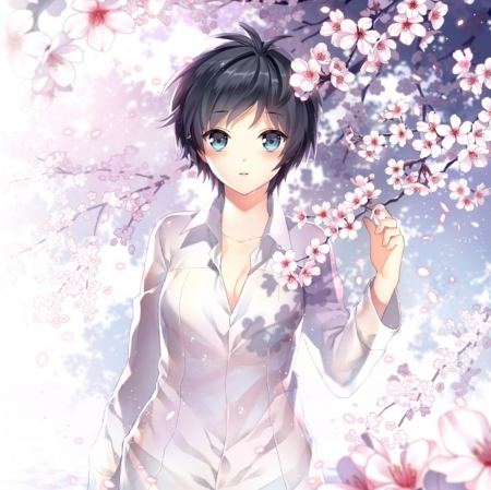 Pink Cherry - pretty, blushing, anime, kawaii, female, blossom, maiden, short hair, nice, anime girl, sakura, cherry blossom, beautiful, girl, blush, lovely, sakura blossom, sweet, petals, shirt, blouse, lady, black hair, cute, adorable, beauyt