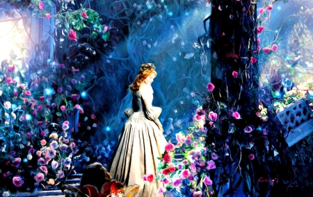 La Belle et la Bete (2014) - Oil painting - flower, rose, by cehenot, girl, white, fantasy, movie, woman, beauty and the beast, pink, bloonde, dress, oil painting, blue, art, la belle et la bete, garden