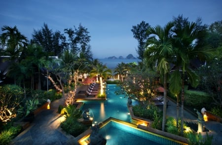 Night View - sky, ocean, plam trees, evening, night, pool, coast