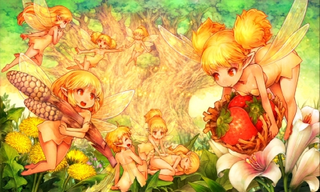 Fairies - strawberry, crown, flowers, dragons, fairies, nature