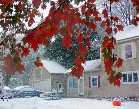 October Snowfall, Walden, NY - usa, autumn, snow, colors, houses, leaves