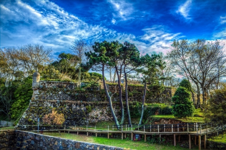 Ancient Walls - clouds, landscape, trees, park