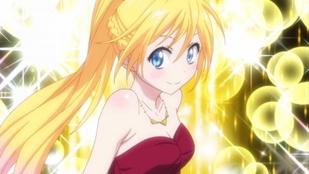 Chitoge Kirisaki - sparkle, wallpaper, anime, anime girl, dress, ponytail, chitoge kirisaki, long hair, blonde hair, necklace