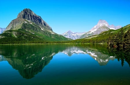 Swiftcurrent Lake Reflections - reflections, trees, summer, beautiful, blue sky, forest, Glacier National Park, lake, mountains