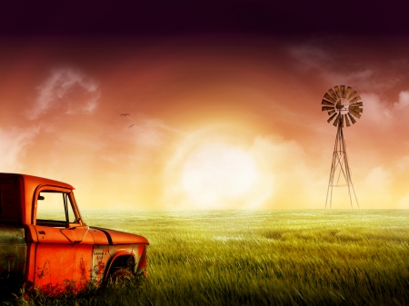 old windmill - field, windmill, grass, truck