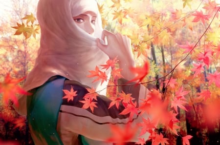 Akechi Mitsuhide - anime, yellow, rowya, girl, Akechi Mitsuhide, fantasy, white, scarf, autumn, red, woman, leaf, art