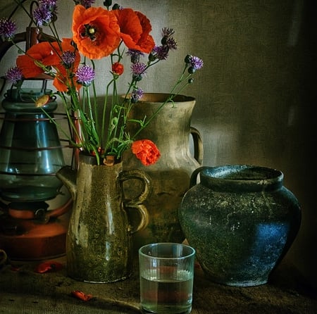 Still Life - flowers, red, jar, still life