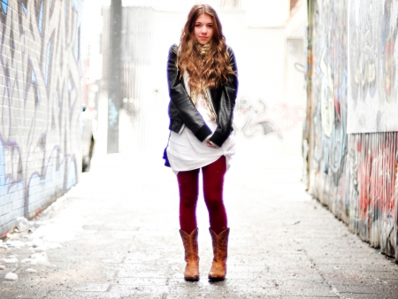 Cowgirl In An Alley - women, girls, style, models, westerns, female, fashion, boots, cowgirls, alley