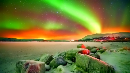 Winter - aurora borealis - aurora borealis, Winter, mountains, stars