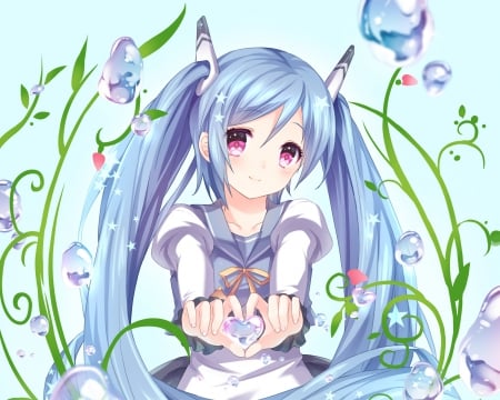 Heart 4 U - pretty, anime, heart, twin tail, kawaii, female, twintail, long hair, blue hair, nice, beuaty, twin tails, anime girl, water, twintails, beautiful, girl, beauty, lovely, sweet, bubbles, cute, adorable