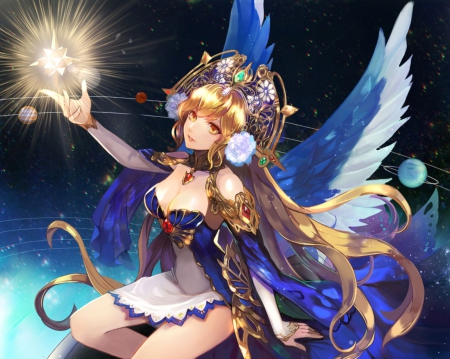 Golden Star - star, anime, magic, female, wing, blonde, angel, long hair, shining, blond, anime girl, beautiful, hot, girl, beauty, glow, fantasy, glowing, wings, sexy