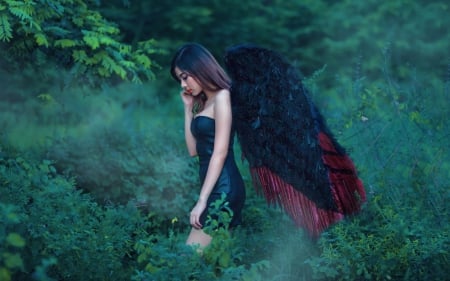 Dark angel - girl, feather, angel, black, red, green, woman, model, wings, asian