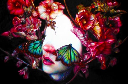 Fantasy Girl - woman, girl, wallpaper, fantasy, cg, face, art, beautiful, flowers, digital, blind, butterflies