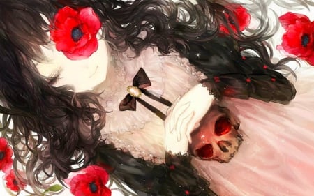 Goth - flowers, anime, girl, skull