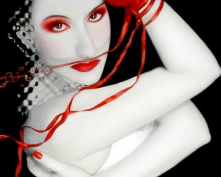 Red Ribbon - face, red, woman, art