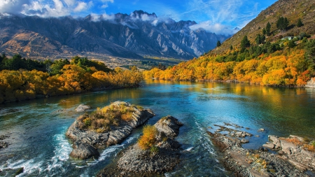 Autumn River - valley, trees, new zealand, mountains, fall, forest, beautiful, river, shrubs