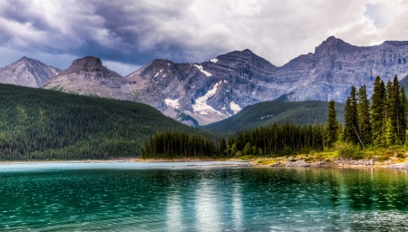 Upper Kananaskis Lake, Canada - shrubs, lake, forest, mountains, clouds, beautiful, alberta, green waters