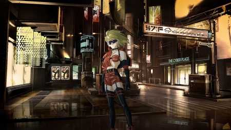 Armitage - naomi, anime girl, cityscape, anime cyborg, cyborg, black glasses, armitage, anime, naomi aritage, blonde