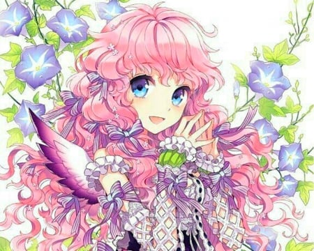 Angel - flowers, girl, anime, angel