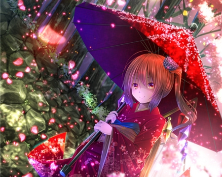 Pretty in Red Umbrella - anime, girl, umbrella, red