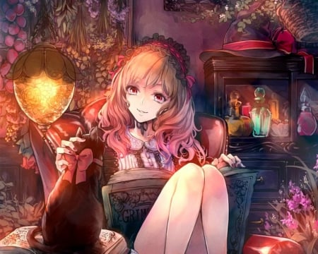 Cute Girl - anime, room, girl, cat