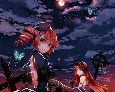 Girls in Graveyard - girls, sky, grave, anime, night