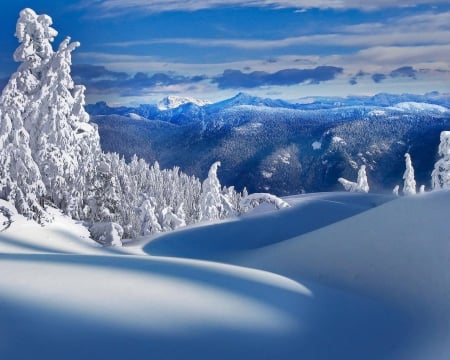 Winter Mountains - mountains, winter, blue, white, sky, clouds, slopes, trees, ice, snow, cold