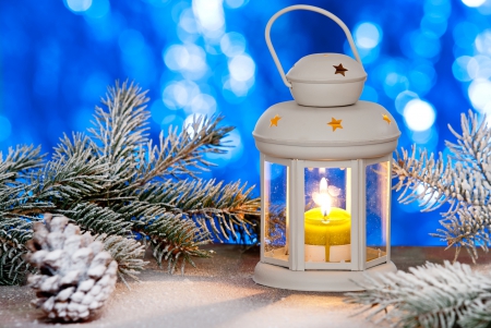 White Christmas - candle, lantern, pine cone, snow, pine, light, table