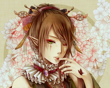 Elf - flowers, elf, anime, girl