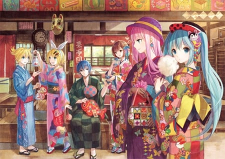 Festival - pretty, anime, vocaloid, female, miku hatsune, festival, hatsune miku, kagamine len, luka, group, rin, japan, kagamine rin, oriental, fuji choko, nice, cotton candy, len, anime girl, kagamine, megurine, girl, lovely, sweet, yukata, mkimono, miku, megurine luka, hatsune, vocaloids