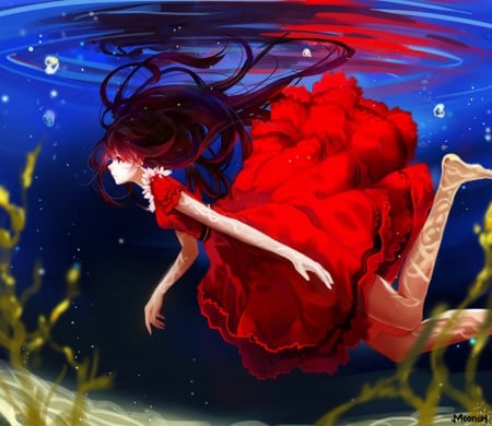 UnderWater - beautiful, long ahir, anime girl, girl, swimming, lolita, underwater, swim, red, float, pretty, beauty, sweet, anime, dress, loli, nice, lovely, black hair, female