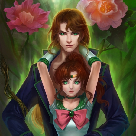 Forbidden ♡ Love - anime, female, guy, green eyes, long hair, sailor moon, boy, male, hd, anime couple, anime girl, sailormoon, realistic, beautiful, hot, girl, beauty, brown hair, flower, cg, magical girl, sailor jupiter, floral, sexy, couple