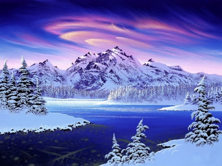 â˜…Twilight Mountainsâ˜… - mountains, creative pre-made, white, white trees, cool, paintings, rivers, xmas and new year, attractions in dreams, winter, lovely, nature, love four seasons, beautiful, blue, snow, twilight, colors